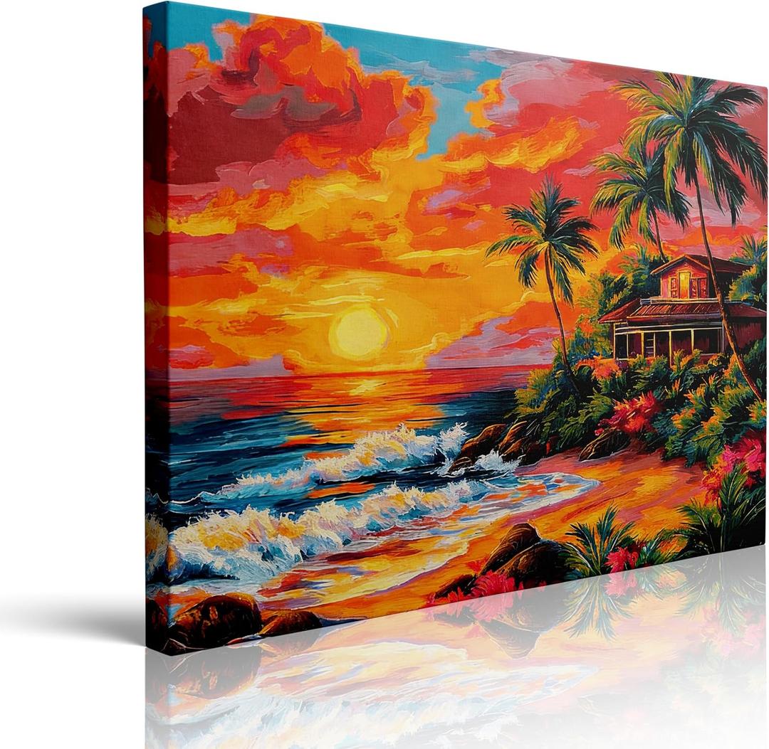 Beach Sunset Canvas Wall Art Framed Tropical Ocean Painting Prints Posters Wrapped Canvas Wall Decor Palm Tree Coastal Artwork for Living Room Bedroom Bathroom Office Vacation Home Gift 16x24 Inches