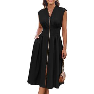 GRACE KARIN Womens Summer Casual Dress, Business Office Work Dresses, Cap Sleeve Zipper Front Flowy Midi Dress with Pockets (Large, Black)