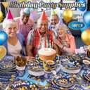 350PCS 95th Birthday Party Decorations for 50 Guests Blue and Gold Party Supplies for Men Include Disposable Paper Plates, Napkins, Cups, and Disposable Plastic Cutlery (95)