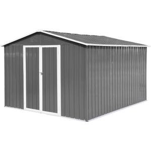 10x8 FT Outdoor Metal Garden Shed, Galvanized Steel Large Storage Sheds with Lockable Doors, Weatherproof Tool House with Pitched Roof & Punched Vents for Backyard Lawn, Gray + White