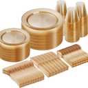 Goodluck 300 Piece Gold Glitter Disposable Plates for 50 Guests, Plastic Plates for Party, Wedding, Dinnerware Set of 50 Dinner Plates, 50 Salad Plates, 50 Spoons, 50 Forks, 50 Knives, 50 Cups