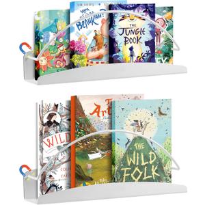 2 Pcs Magnetic Metal Book Shelves, 11.8'' x 4.7'' x 2.2'', Special for Whiteboard, Classroom and Fridge Storage, Holds up to 12 lbs
