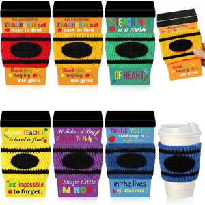 Zhehao 6 Set Teacher Appreciation Gift Card Crochet Coffee Cup Sleeve Coffee Cup Crayon Thank You for Helping Me Grow Appreciation End of Year Teacher Gift Graduation Party Favors
