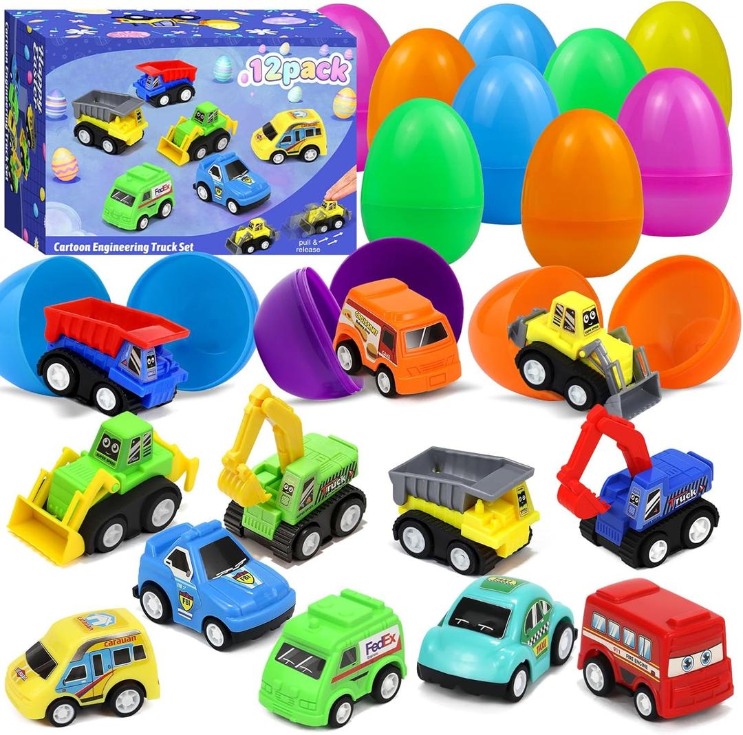 12 Pack Prefilled Easter Eggs with Toys - Pull Back Car Easter Eggs Filled for Egg Hunt, Easter Basket Stuffers for Kids,Easter Party Favors Prizes for Boys Girls