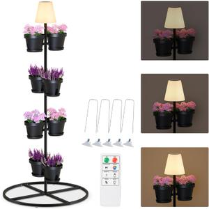 FUYO Metal Outdoor Floor Lamps, Solar Floor Lamp with Flower Shelves, Modern Outdoor Water-Resistant Standing Lamp with 8 Flower Pots, Corner Display Flower shelf Lamp for Multiple Plants (Black)