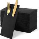 100 Pcs Black Linen-Feel Paper Napkins, Black Napkins Disposable with Built-in Flatware Pocket, Prefolded for Knives and Forks, Blacks Dinner Napkin for Evening Parties, Weddings, Birthday
