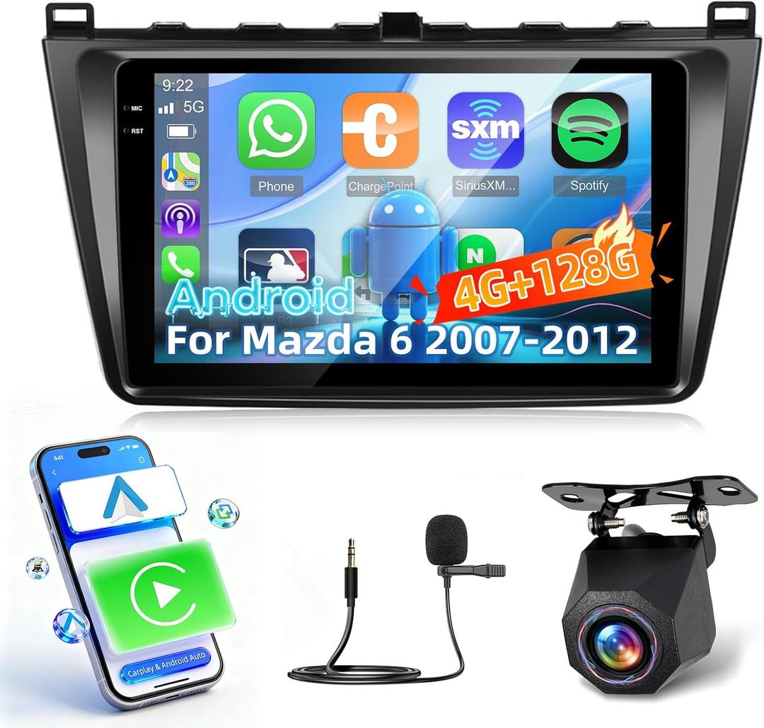 [4+128G] NHOPEEW Car Radio for Mazda 6 2007-2012 - Wireless Carplay and Android Auto - 9 Inch Incell Touchscreen Android Car Stereo - GPS / 5GHz WiFi/EQ Audio/SWC/Mirror Link + AHD Backup Camera