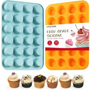 2PCS Silicone Mini Muffin & Cupcake Pan Set, Little Cook 24 Cups Mini Muffin Baking Pan, Non-Stick, BPA Free, Dishwasher Safe, Perfect for Making Muffin, Cakes, Tart (Orange + Peacock Blue)