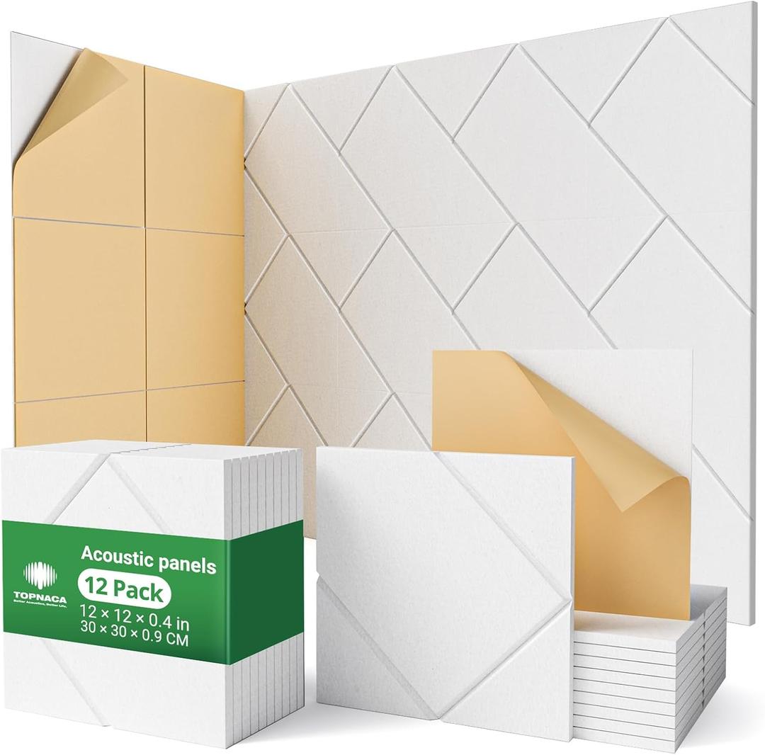 12 Pack Acoustic Panels, 12" x 12" x 0.4" Decorative Sound Absorbing Panels for Walls, Ceilings & Doors, Self-Adhesive Peel & Stick Acoustic Art Tiles for Office, Game Room, Music Studio Pared (White)