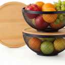 Yiyiring 2 Pack Mesh Fruit Basket with Lids, Stackable Baskets with Bamboo Lid Fruits Holder for Kitchen Countertop Fruit Bowl with Lid Versatile Produce Storage(Black,9.84 x 4.33 Inches)