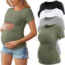 Huukeay 4 Pack Women's Maternity Shirts, Crew Neck Maternity Top Short Sleeve Casual Cotton Tee Side Ruched Pregnancy Clothes (Black, Army Green, Light Heather Gray, White,Small)