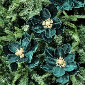 Thiccywoov 8 Pcs Christmas Flower Magnolia Flowers 8 Inch Artificial Poinsettia Stems Glitter Fake Magnolia Christmas Tree Decorations DIY Ornaments for Xmas Tree Party Wedding Holiday Decor(Green)