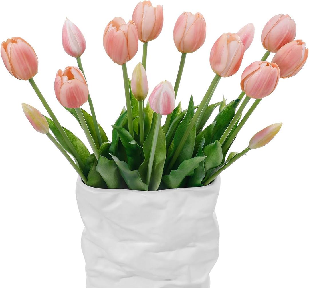 15 Pcs Fall Pink Artificial Tulips Fake Flowers, Premium Latex Lifelike Texture, UV Resistant Waterproof Faux Tulip Bouquets with Snap-on Petals for Outdoor, Home, Wedding Decor