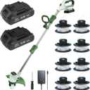 Cordless String Trimmer, Weed Wacker, 2 x Batteries, Edger Lawn Tool, Electric Weed Eater for Lawn Yard,White Green