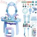 deAO Toddler Vanity Makeup Table Toy with Mirror & Chair,Kids Vanity with Light&Music,Pretend Play Makeup Toy with Hair Dryer Toy,Toddler Beauty Salon Set,Gift for Girls 3 4 5