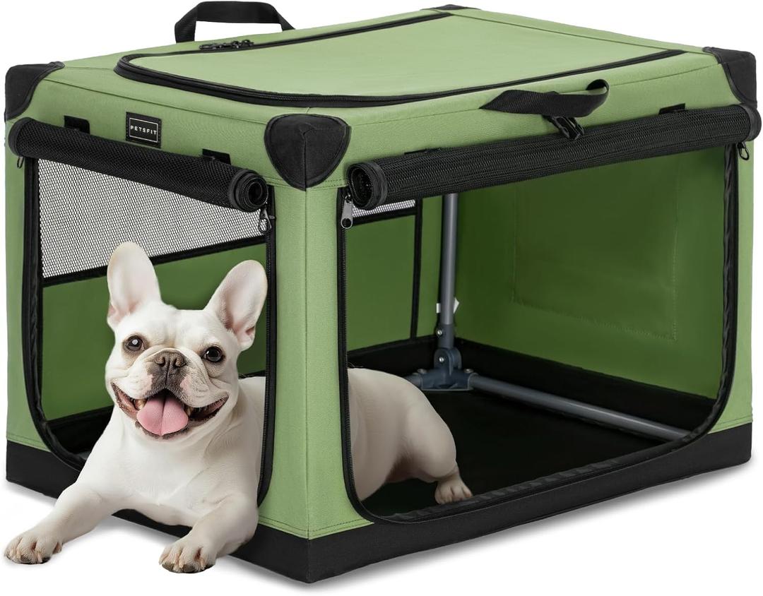 PETSFIT 26" Soft Portable Dog Crate  Patented Spiral Sturdy Frame, Collapsible Travel Kennel for Small Dogs, 3 Mesh Door, Lockable Zippers, Indoor & Car Use Green (26.0"L x 19.0"W x 18.0"H)