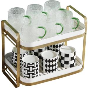 CYEAH 2-Tier Cups Mugs Drying Rack with Removable Drain Tray, Multi-Functional Storage Organizer Shelf, Kitchen Countertop Tray for Water Coffee Glass Cup Bowls Food and Seasoning Jar Holder