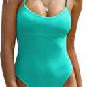 ZAFUL Women's One Piece Swimsuit Ribbed Open Back Bathing Suit Tummy Control Scoop Neck Adjustable Straps High Cut Swimwear (Green, XL)