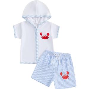 Toddler Baby Boy Swim Cover Up Zipper Towel Terry Hood Tops Seersucker Gingham Shorts Set 2pcs Beach Bathing Suit (12-18 Months, Sky Blue)