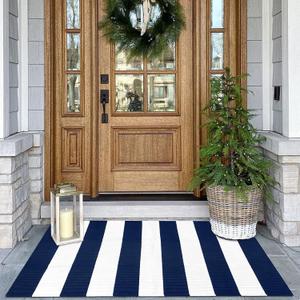KOZYFLY Striped Outdoor Rug 27.5x43 Inches Front Door Rug Navy and White Woven Cotton Washable Outdoor Doormats Outdoor Entrance Mat for Front Door Entryway Patio Front Porch