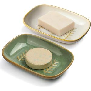 2 Pack Ceramic Soap Dish for Cleaner Shower, Decorative Soap Holder for Bar Square Shampoo or Sponge, Cute Shower Soap Dish Soap Saver Tray Container for Bathroom Kitchen Sink, Easy to Clean