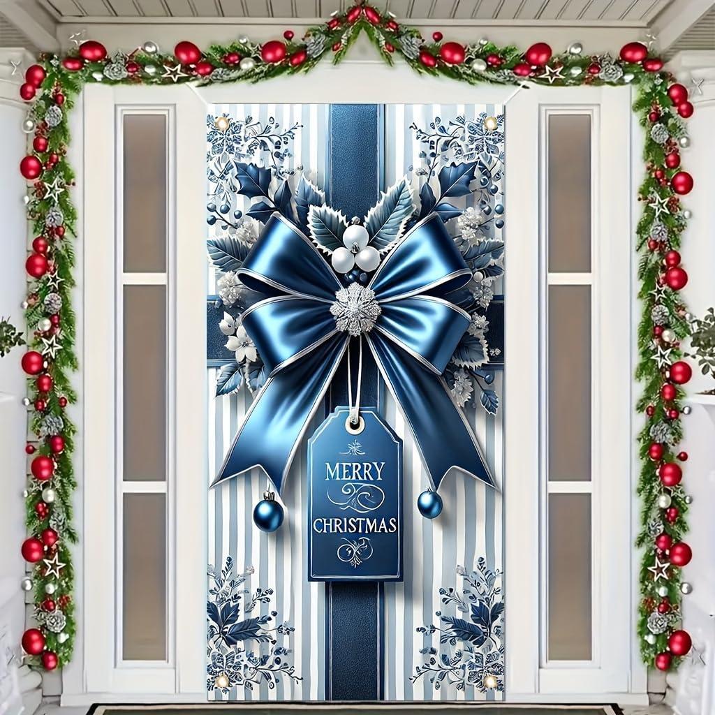 Christmas Garden Flag Blue Bow Gift Tag 71x35 Inch Double Sided Outdoor Yard Bannerfor Holiday Winter Porch Lawn Decoration Decor
