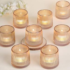 DARJEN Gold Ribbed Tealight Votive Candle Holders Set of 8 - Tea Light Candle Holders Glass for Table Centerpiece, Votive Candle Holders for Home, Wedding & Fall Decor