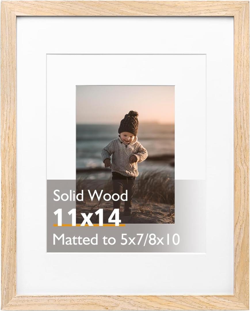 KINLINK 11x14 Picture Frame Natural, Solid Wood Frame 11x14 with Acrylic Plexiglass for Pictures 5x7/8x10 With Mat,Tabletop and Wall Display, 11 x 14 Picture Frame, Set of 1