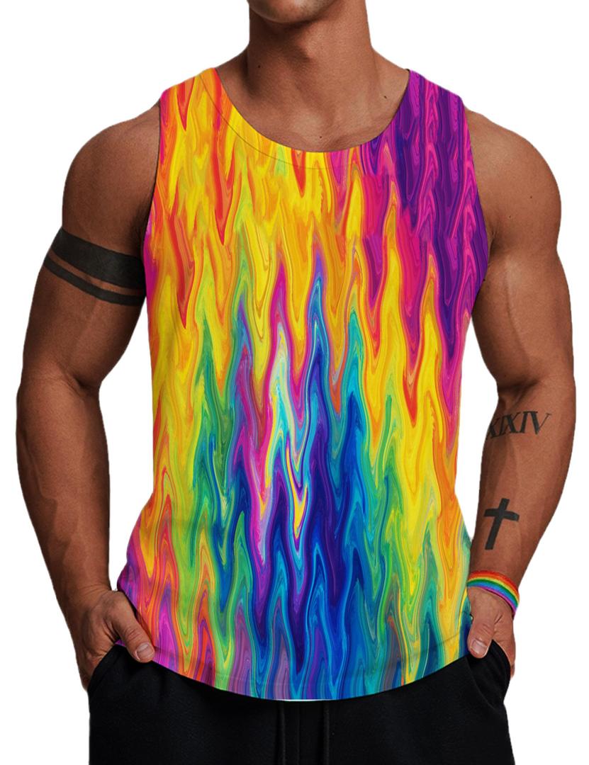 Wuiliy 3D Tank Tops for Men Colorful Sleeveless Print T Shirt Rainbow Beach Gym Vest Tee Small