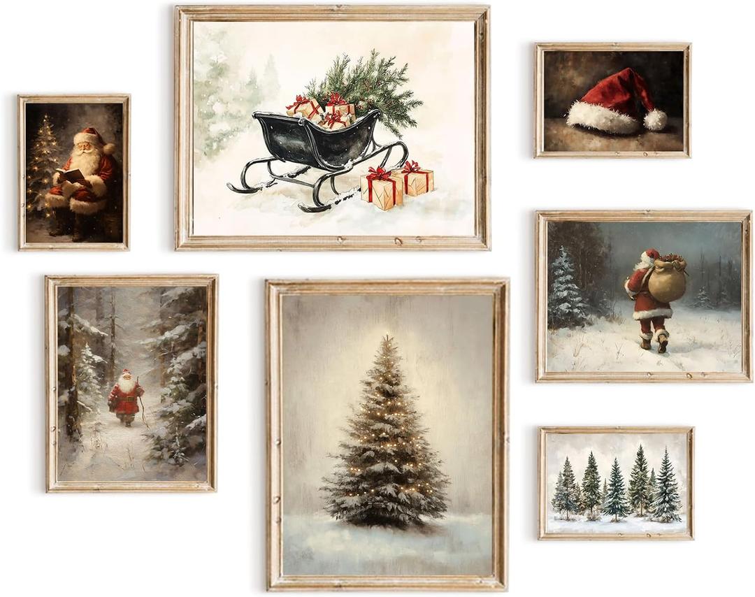 TWNSLLA Vintage Wall Art Set of 7,Vintage Christmas Wall Decor,Moody Snowy Landscape Painting Winter Wall Art,Reindeer Pine Tree Santa Claus Art Prints,Vintage Pictures Wall Decor Living Room Bedroom,Unframed