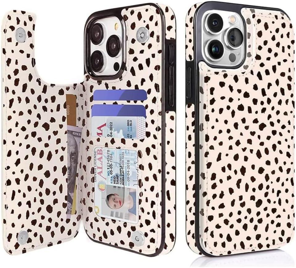 uCOLOR Compatible with iPhone 15 Pro Max 6.7" Wallet Case with Card Holder Slot Folio Flip Leather Kickstand Magnetic Clasp and RFID Blocking Design Cover 15PM 6.7 Inch (Almond Latte Polka Dot)