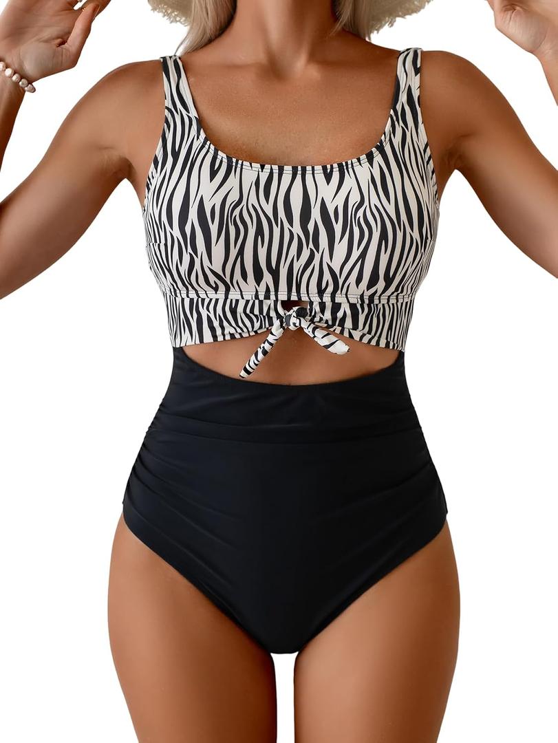 Eomenie Women's One Piece Swimsuit Tummy Control Slimming Bathing Suit Cutout Tie Knot Swimwear (Black) 2XL