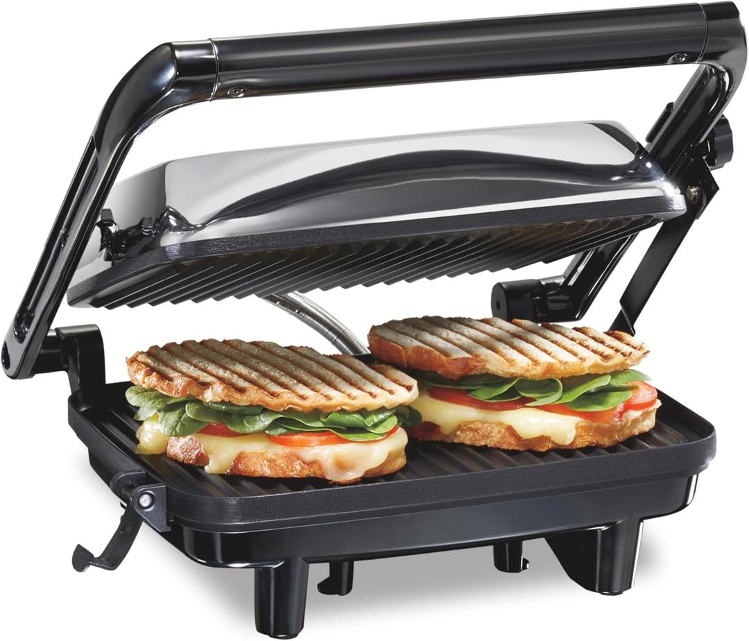 Hamilton Beach Panini Press Sandwich Maker & Electric Indoor Grill with Locking Lid, Opens 180 Degrees for any Thickness for Quesadillas, Burgers & More, Nonstick 8" x 10" Grids, Chrome (25460AG)