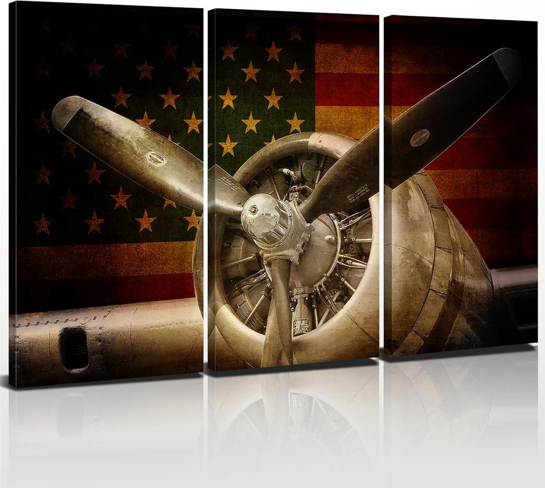 Airplane Wall Art Aviation Decor Vintage Airplane Propeller Pictures Retro American Flag Photo Prints Aircraft Aviation Engine Canvas Painting Artwork Mens Bedroom Office Home Decoration 16x32" 3Pcs