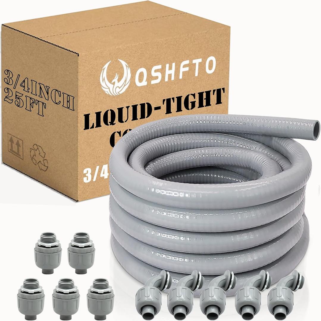 3/4 Inch Liquid-Tight Conduit and Connector Kit - 25 FT Non-Metallic Electrical Conduit with 5 Pcs 180 Straight and 5 Pcs 90 Angle Fittings