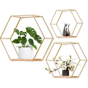 Wall Mounted Hexagonal Floating Shelves Set of 3 in Different Sizes, Modern Metal Wall Shelf, Simple Wood Partition Storage Shelves, Wall Decor Rack for Bedroom, Living Room, Kitchen and Office (Golden)
