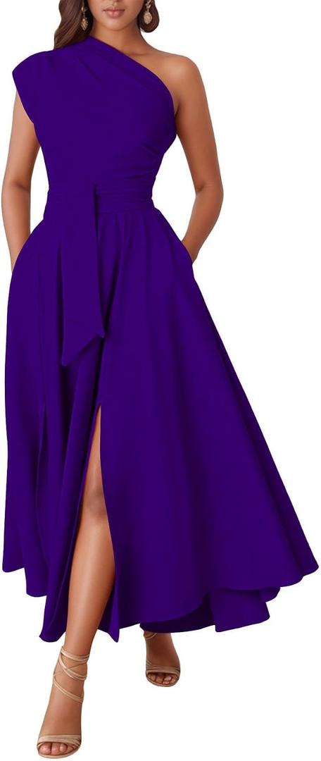 Kwunbwa One Shoulder Dresses for Women Elegant Asymmetrical A Line Flowy Formal Evening Gowns Party Cocktail Dress M