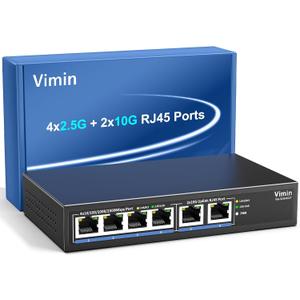 6-Port 10G/2.5G Ethernet Switch with Dual 10GBASE-T, Vimin 4X 2.5G +2 x 10Gb RJ45 Ports Unmanaged Switch, 60Gbps Capacity, 10G Switch Desktop/Wall Mount Network Switch for NAS, PC, Wireless AP