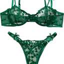 Lilosy Sexy Underwire Cute Push Up Strappy Embroidered Mesh Sheer Lingerie Set See Through Panty Bra (Medium, Bow Green)