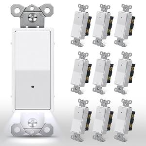 CML 10 Pack Single Pole Illuminated Light Switch with Cool White LED Nightlight, Decorator Paddle Rocker Wall Lighted Switch, Automatic On/Off Sensor, 15A 120V, ETL Listed, White