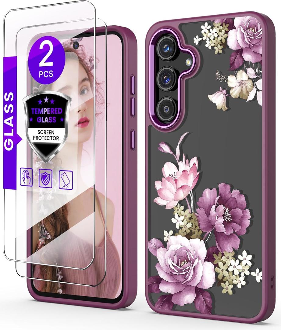 for Samsung Galaxy S24 FE 5G Case+Tempered Glass Screen Protector,Military Grade Protective Slim Soft TPU Hard PC,Girls Women Crystal Clear Flower Pattern Case Cover for Galaxy S24 FE-Purple