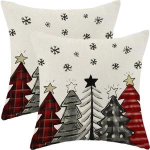 AEIOAE Christmas Pillow Covers 18x18 Inch Set of 2 Colorful Christmas Tree Throw Pillows Case, Stars Holiday Outdoor Decorative Farmhouse Winter Snowflake Decor Cushion Covers for Home Sofa Bed Couch