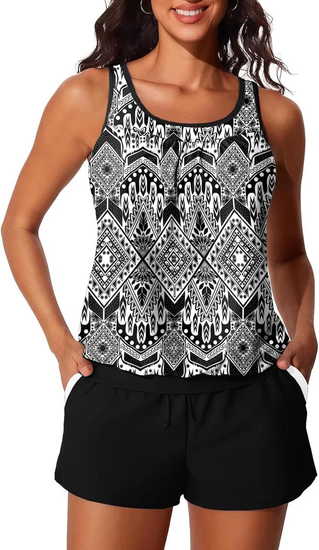 Summer Mae Blouson Women's Tankini Swimsuits Tummy Control Modest 2026 Two Piece with Sporty Pockets Bathing Suits (Black) 18 Plus