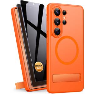 BXYJY for Samsung Galaxy S26 Ultra Magnetic Case with 2 Privacy Screen Protectors, Built-in Stand, Compatible with MagSafe, Full Lens Protection, Military Grade Thin Durable Case for S26Ultra, Orange