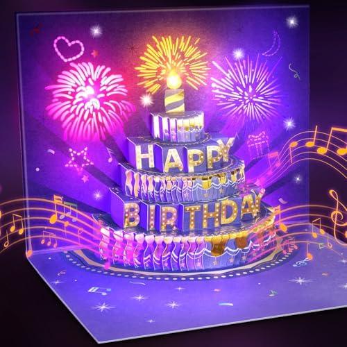FITMITE Birthday Cards Birthday Gifts for Women Fireworks Pop Up Cake Light and Music Happy Birthday Card Purple Gold