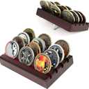 Challenge Coin Holder Display Case 4 Row Solid Wood Military Coin Rack Small Army Coin Stand Holds 12 Coins, Mahogany Finish.