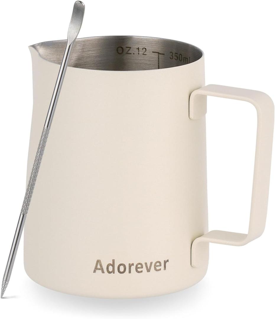 Milk Frothing Pitcher, 350ml/12oz Steaming Pitchers Stainless Steel Milk Coffee Cappuccino Latte Art Barista Steam Pitchers Milk Jug Cup with Decorating Art Pen, Matte White