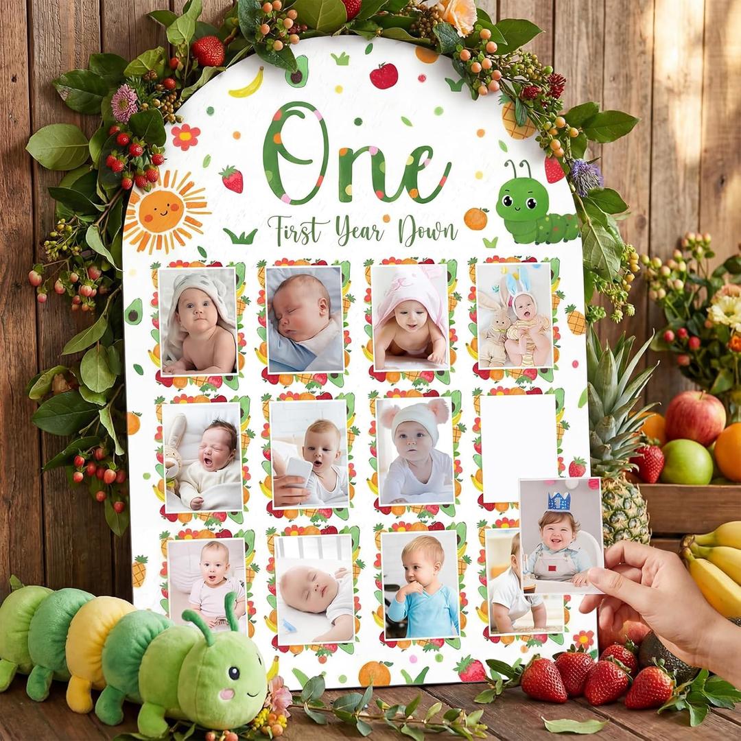 Mifoci Caterpillar Birthday Party First Year Down Photo Board Wooden One Year Birthday Decorations Photo Board 12 Monthly Milestone Picture Frame for One Caterpillar Party Gift Keepsake Supply
