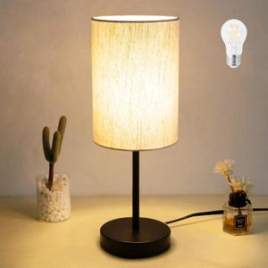 Small Table Lamp, Bedside Table Lamp for Bedroom, Lamp for Nightstand with Linen Fabric Shade, Minimalist Modern Desk Lamp for Living Room Office Dorm Kids Room (13in, Beige-Black)