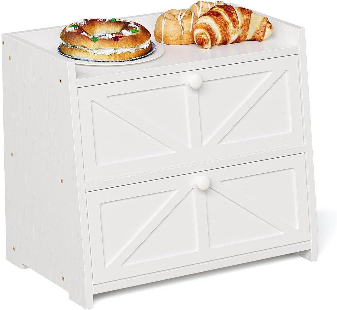 Trironsun Vintage Double Layer Bread Box for Kitchen Counter Bamboo Bread Storage Container Large Capacity Bread Storage Bin (White)